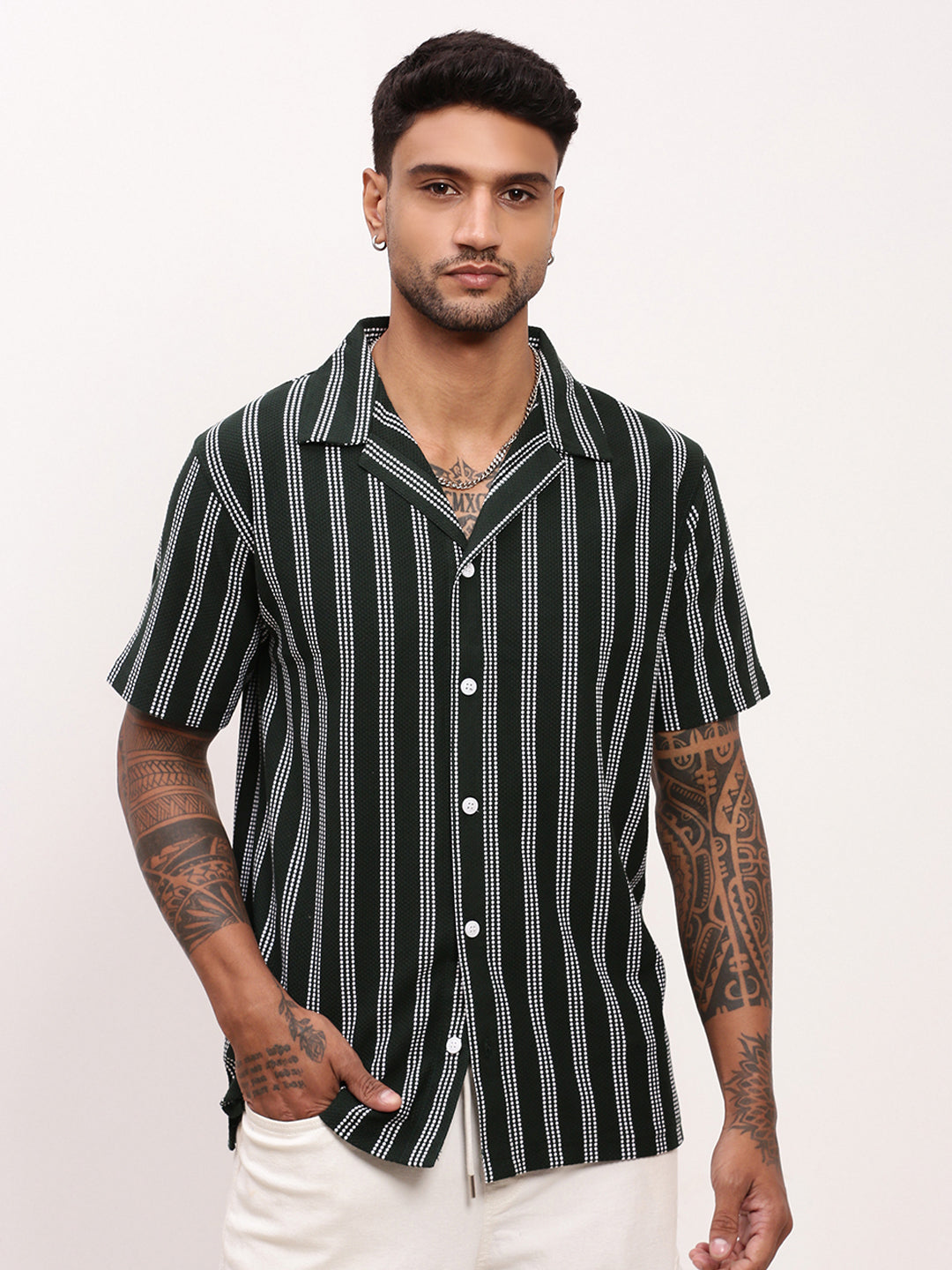 Men Green Striped Cuban Collar Shirt