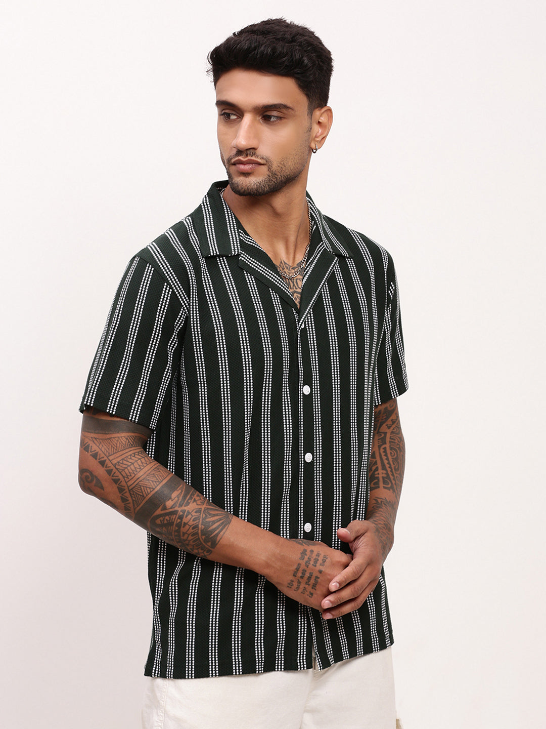 Men Green Striped Cuban Collar Shirt