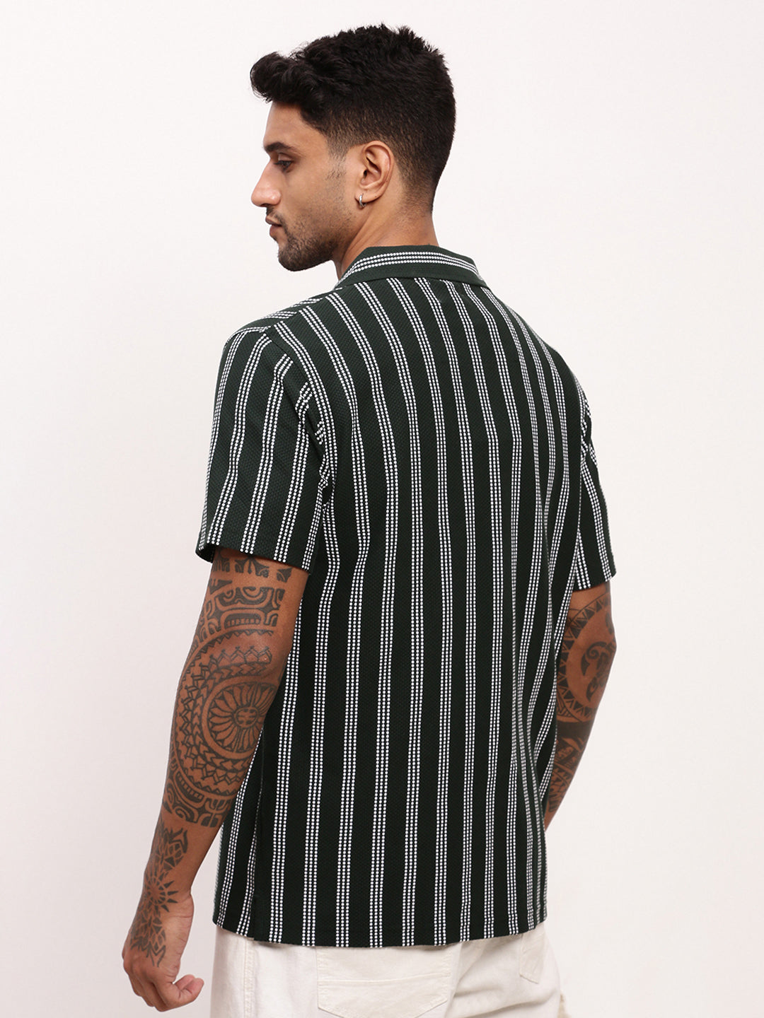 Men Green Striped Cuban Collar Shirt