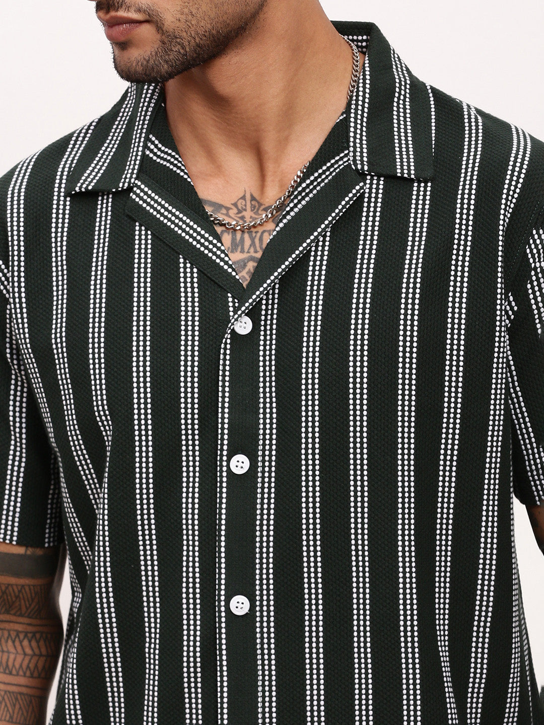 Men Green Striped Cuban Collar Shirt