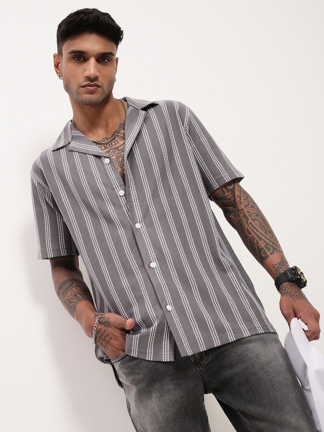 Men Grey Striped Cuban Collar Shirt