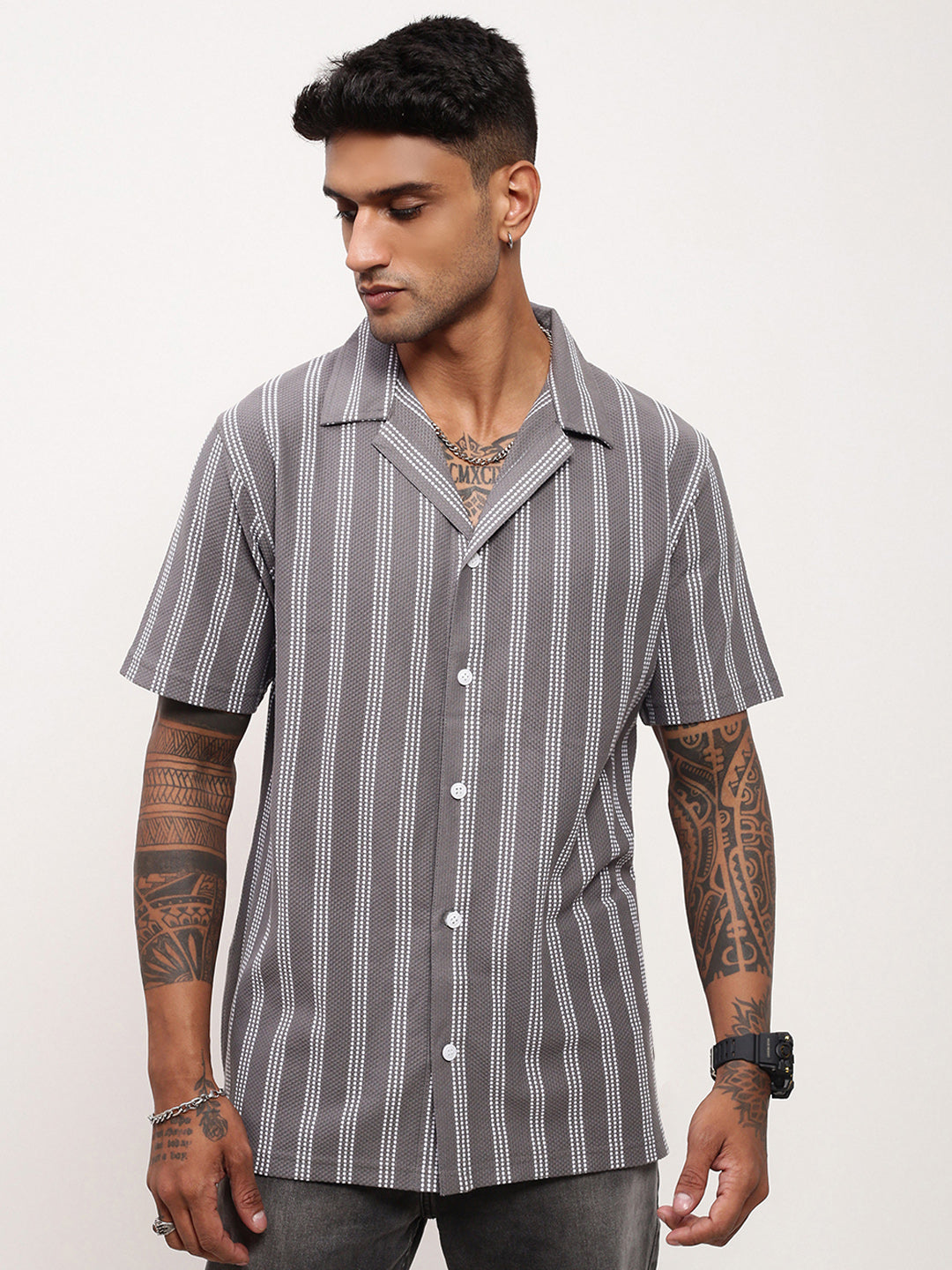 Men Grey Striped Cuban Collar Shirt