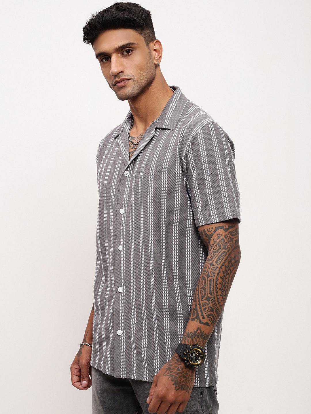 Men Grey Striped Cuban Collar Shirt