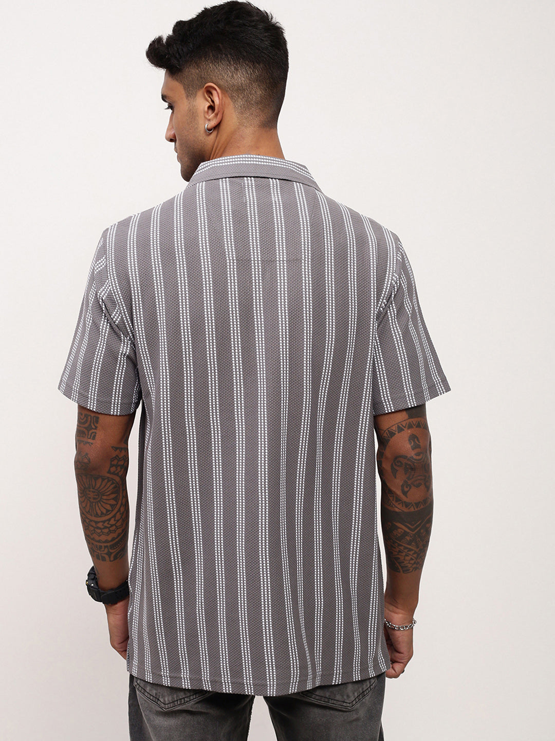 Men Grey Striped Cuban Collar Shirt