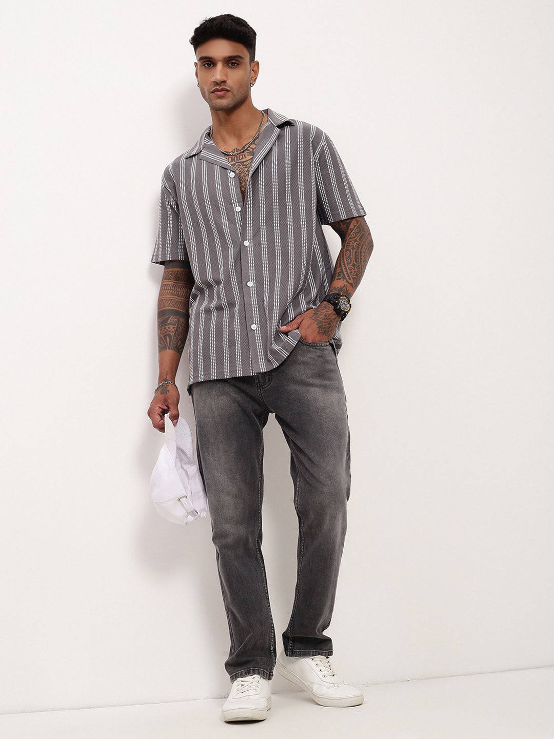 Men Grey Striped Cuban Collar Shirt