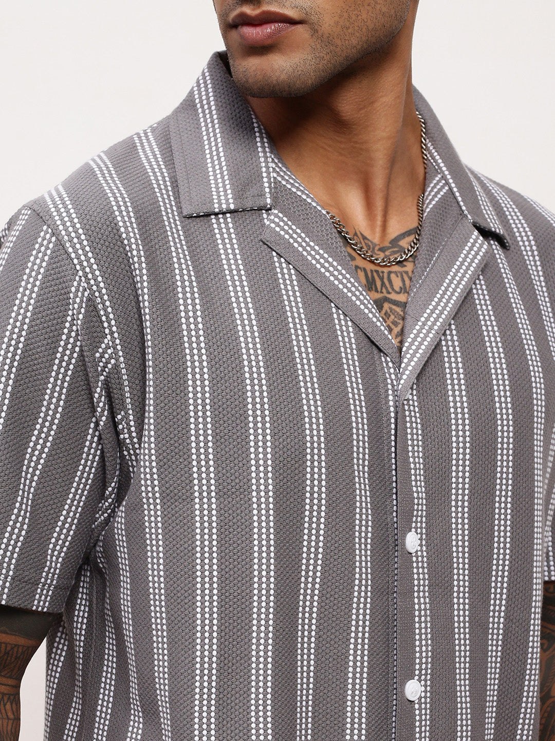 Men Grey Striped Cuban Collar Shirt