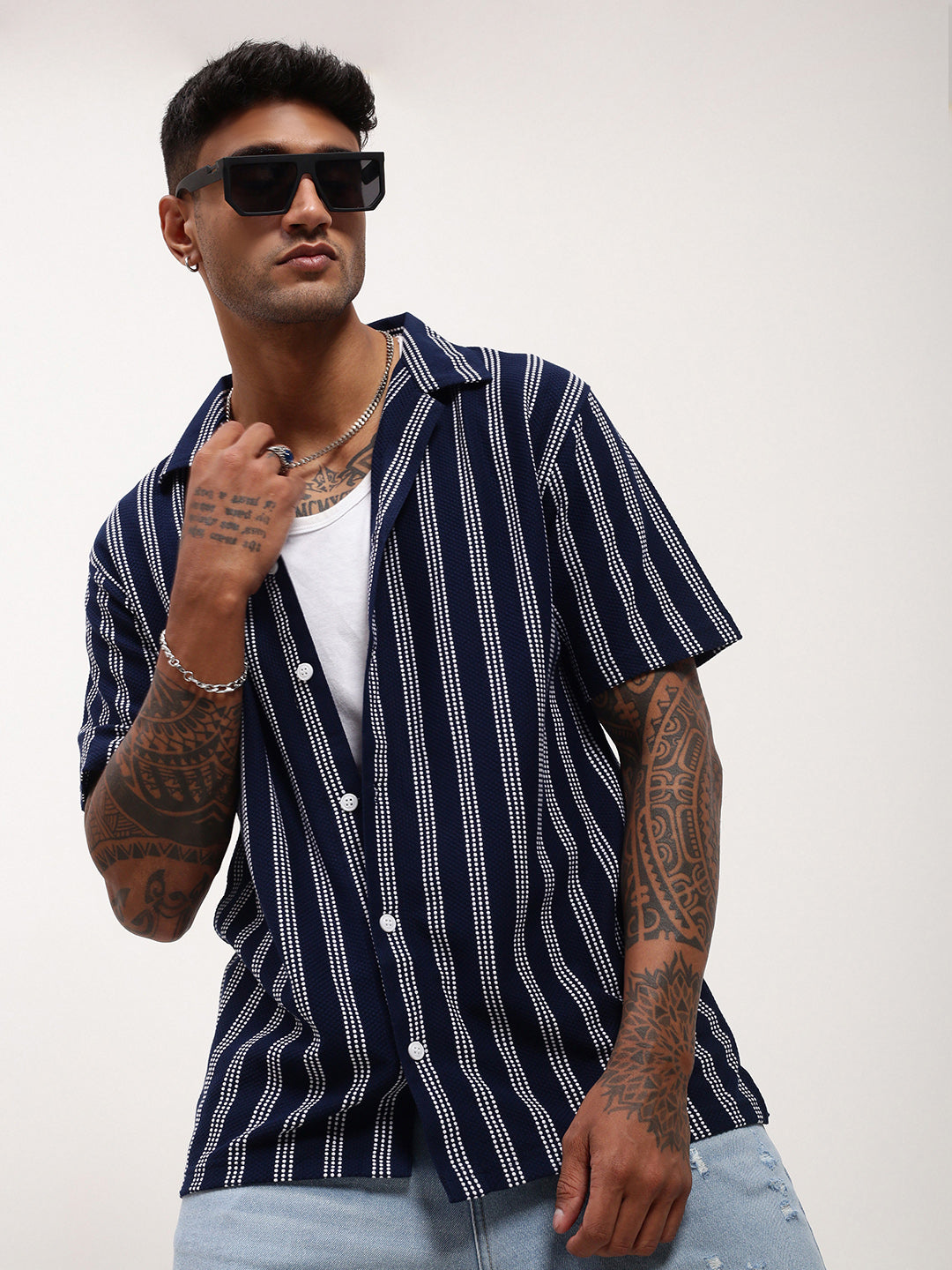 Men Navy Blue Striped Cuban Collar Shirt