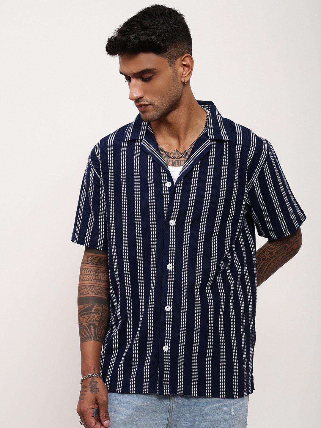 Men Navy Blue Striped Cuban Collar Shirt