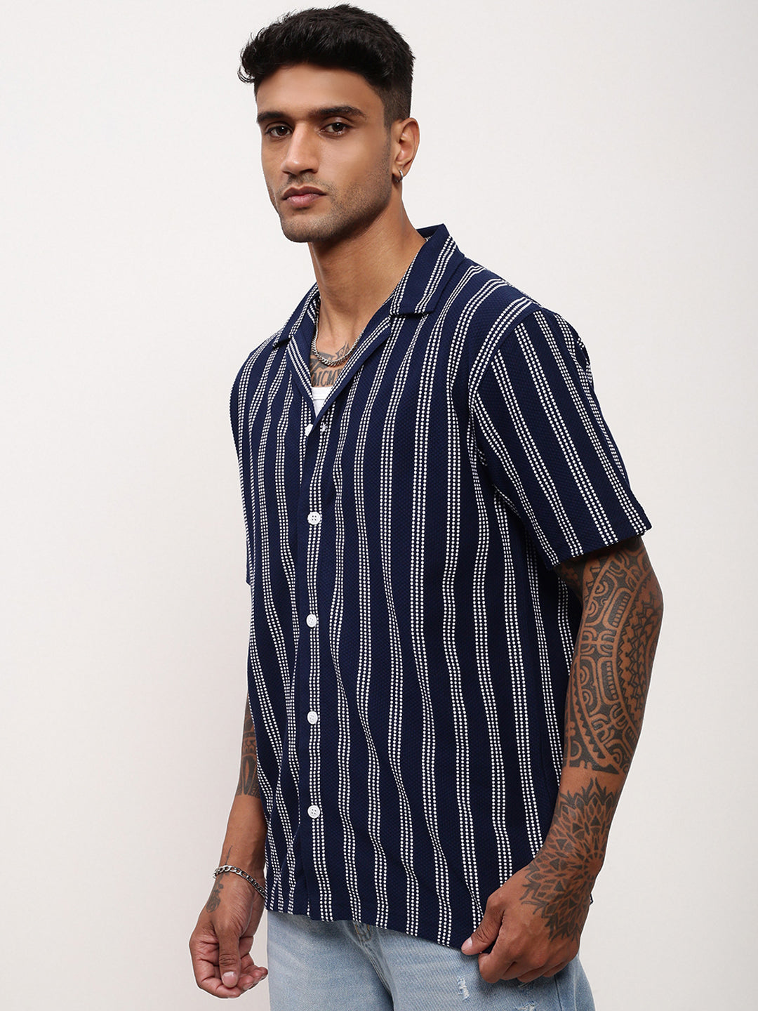 Men Navy Blue Striped Cuban Collar Shirt