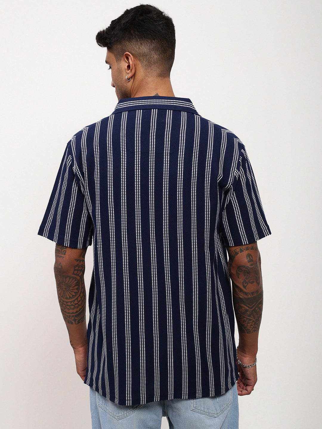 Men Navy Blue Striped Cuban Collar Shirt