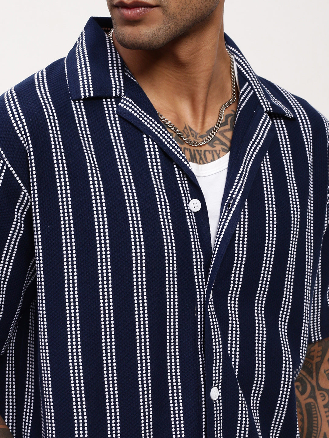 Men Navy Blue Striped Cuban Collar Shirt