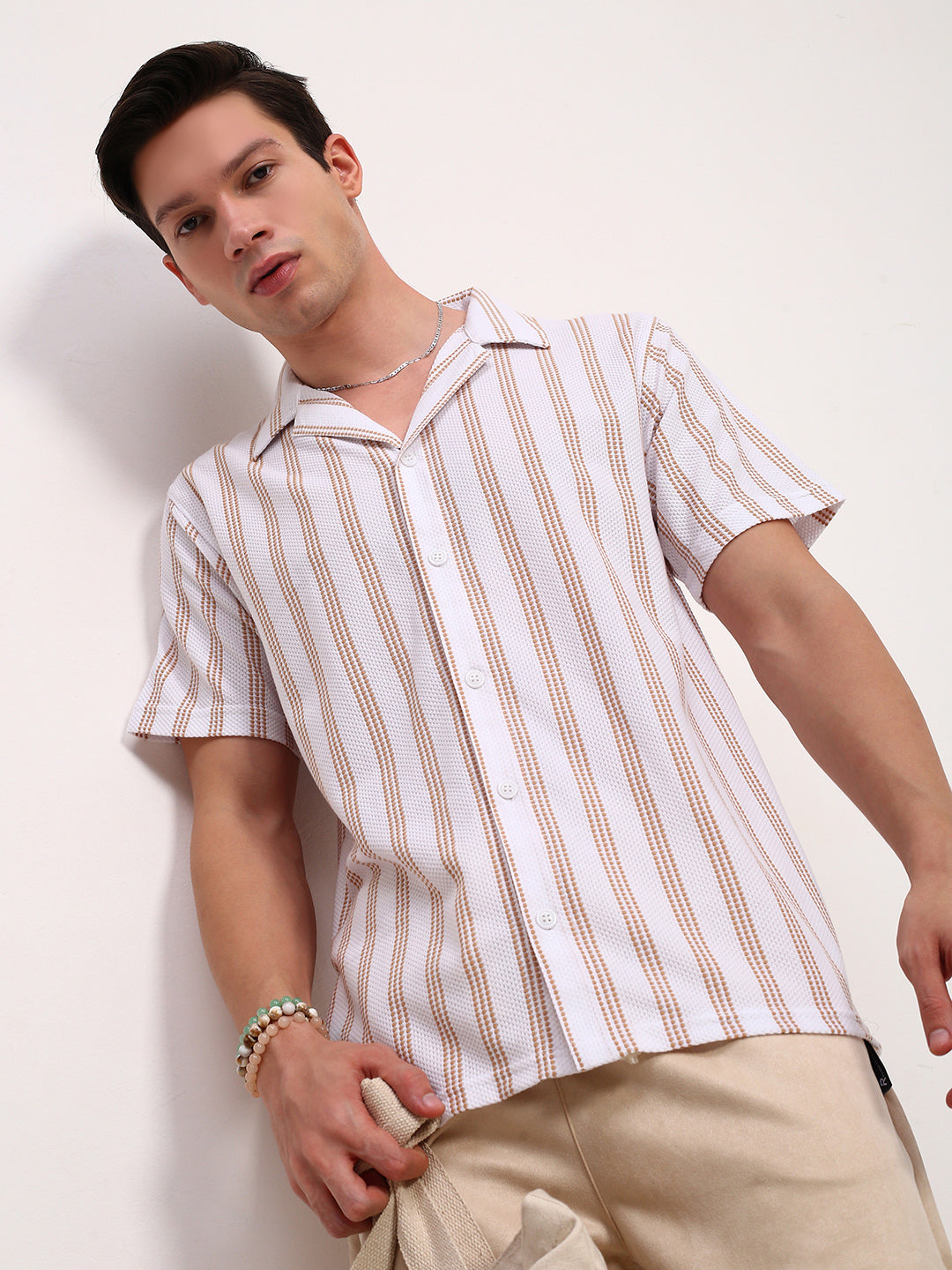 Men White Striped Cuban Collar Shirt