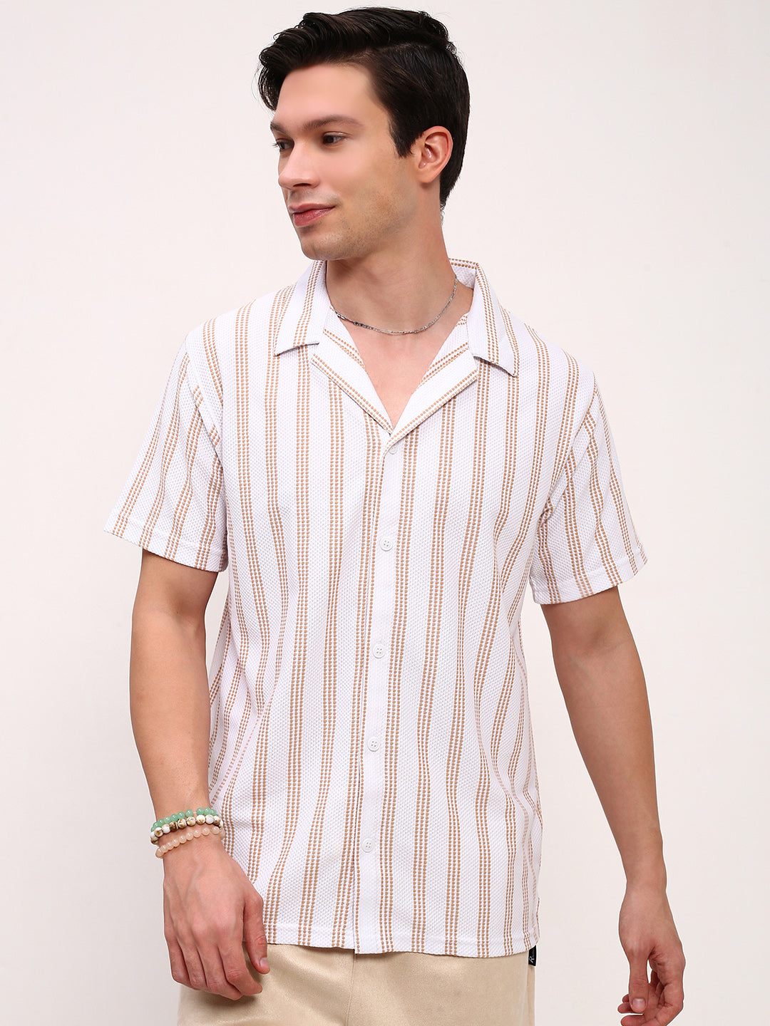 Men White Striped Cuban Collar Shirt