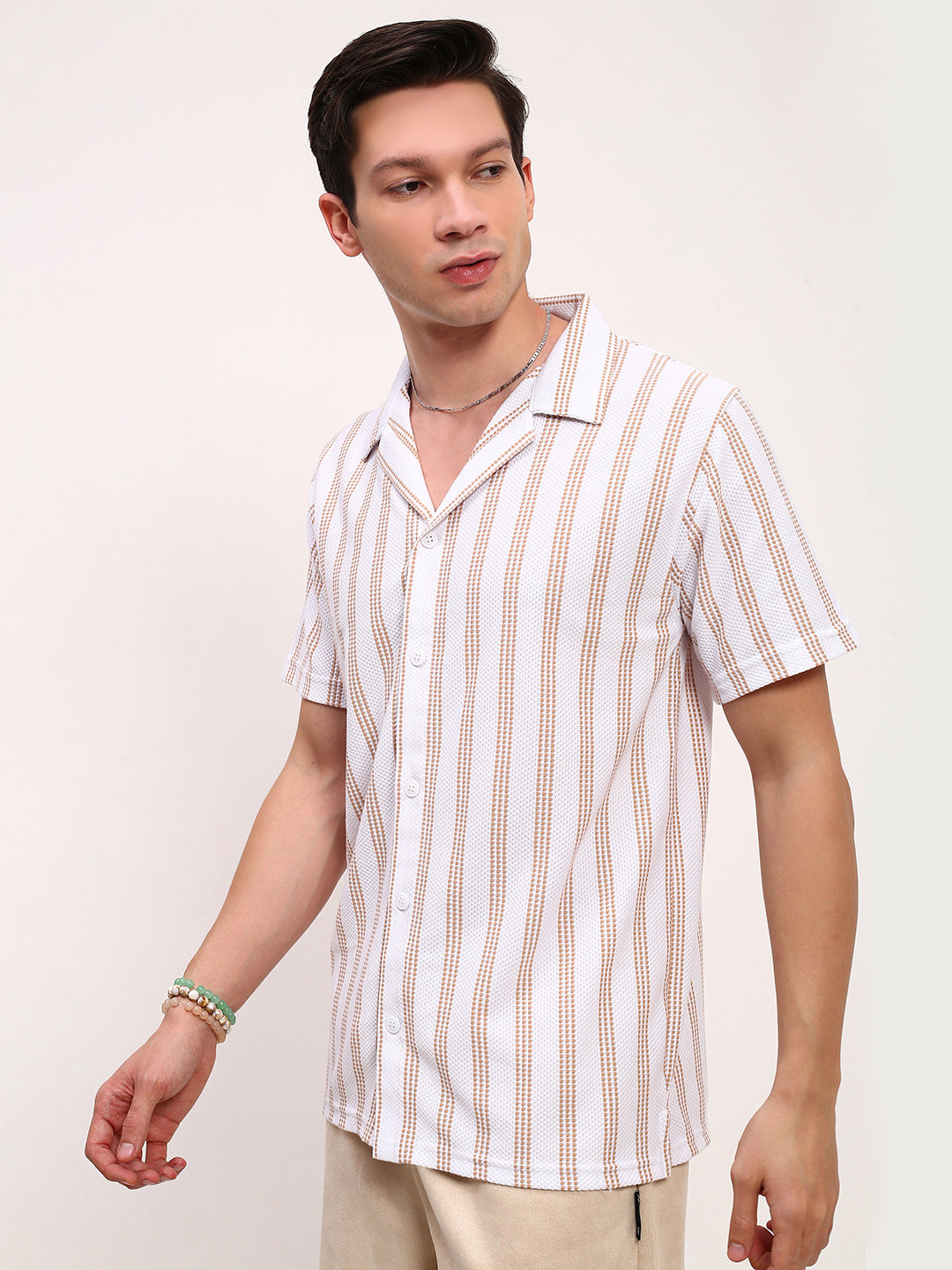 Men White Striped Cuban Collar Shirt