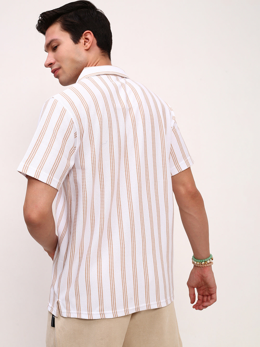 Men White Striped Cuban Collar Shirt