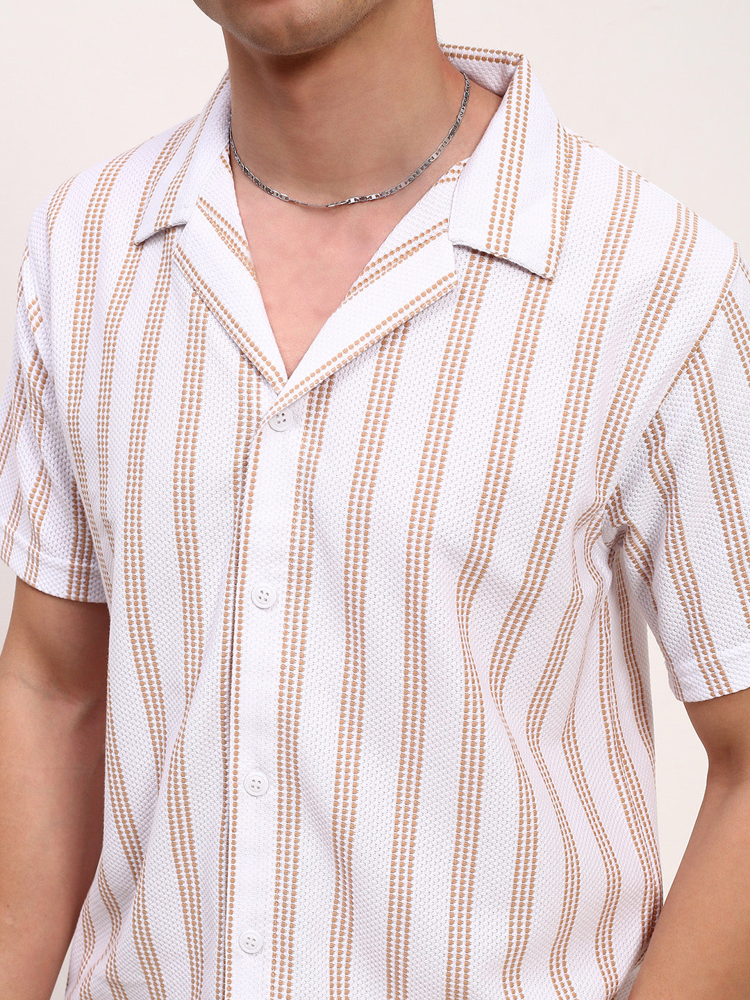 Men White Striped Cuban Collar Shirt