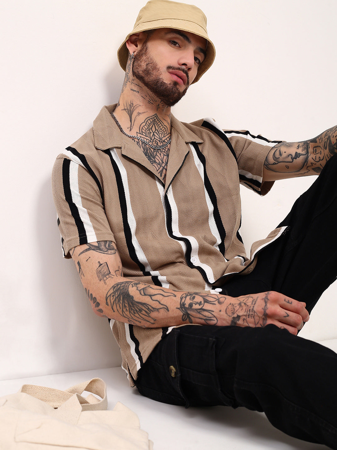 Men Beige Striped Cuban Collar Shirt