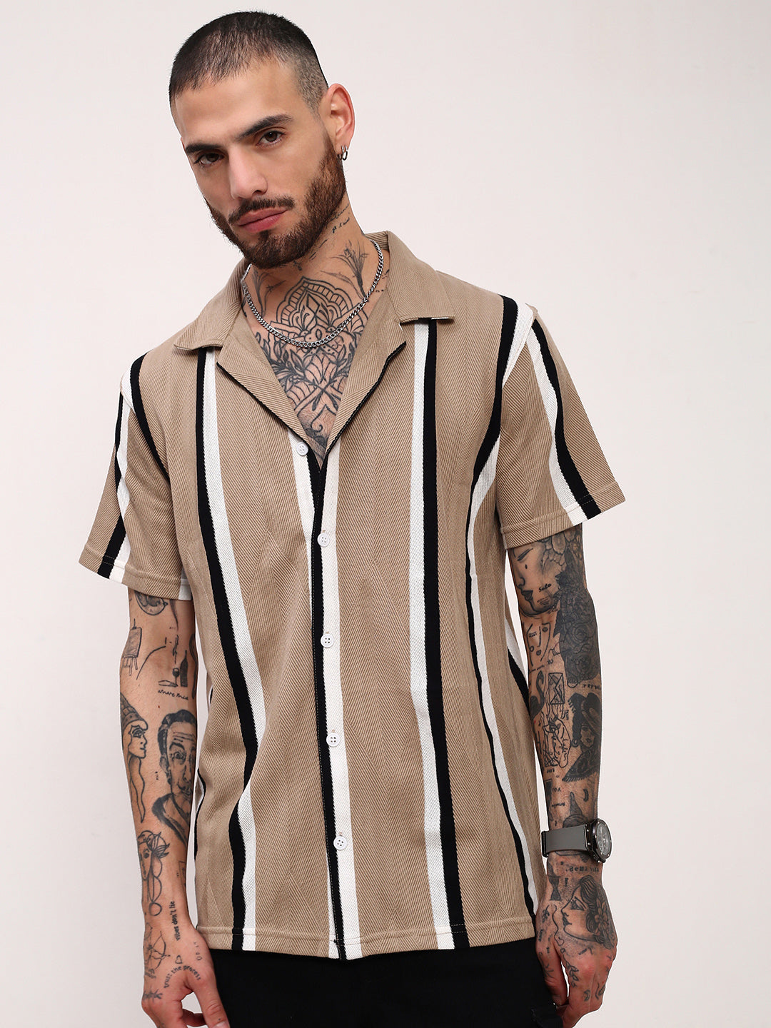 Men Beige Striped Cuban Collar Shirt