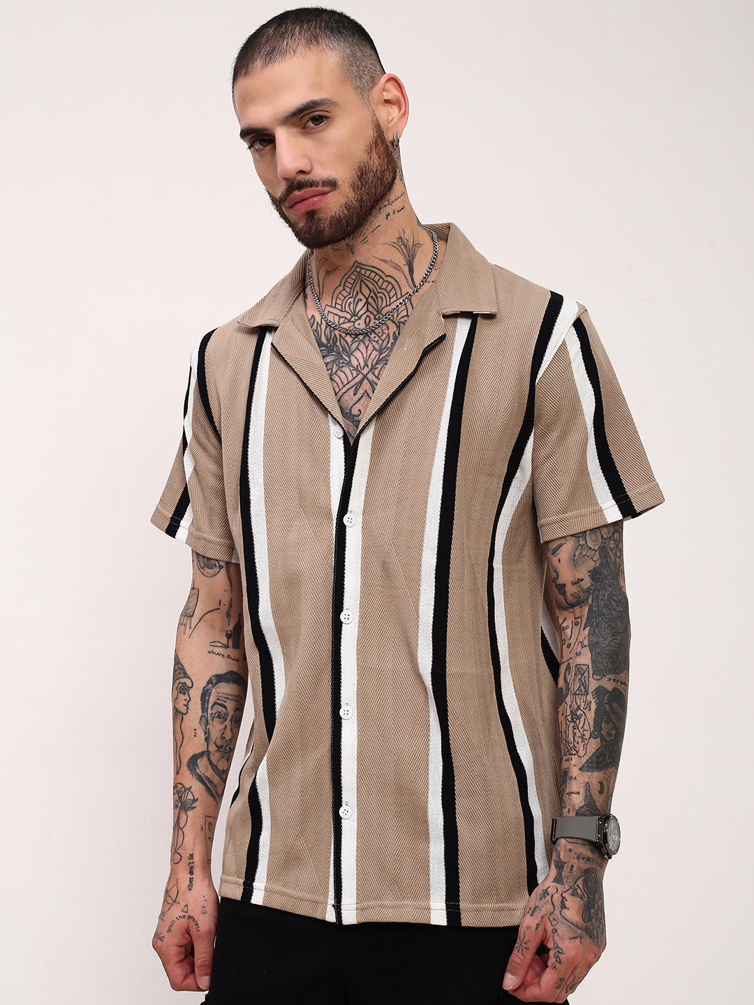 Men Beige Striped Cuban Collar Shirt