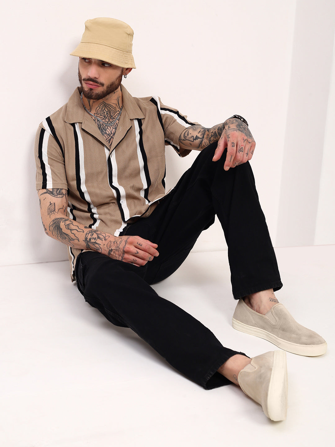 Men Beige Striped Cuban Collar Shirt