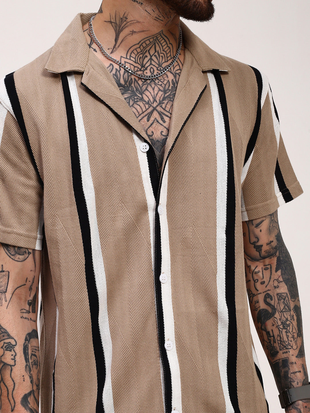 Men Beige Striped Cuban Collar Shirt