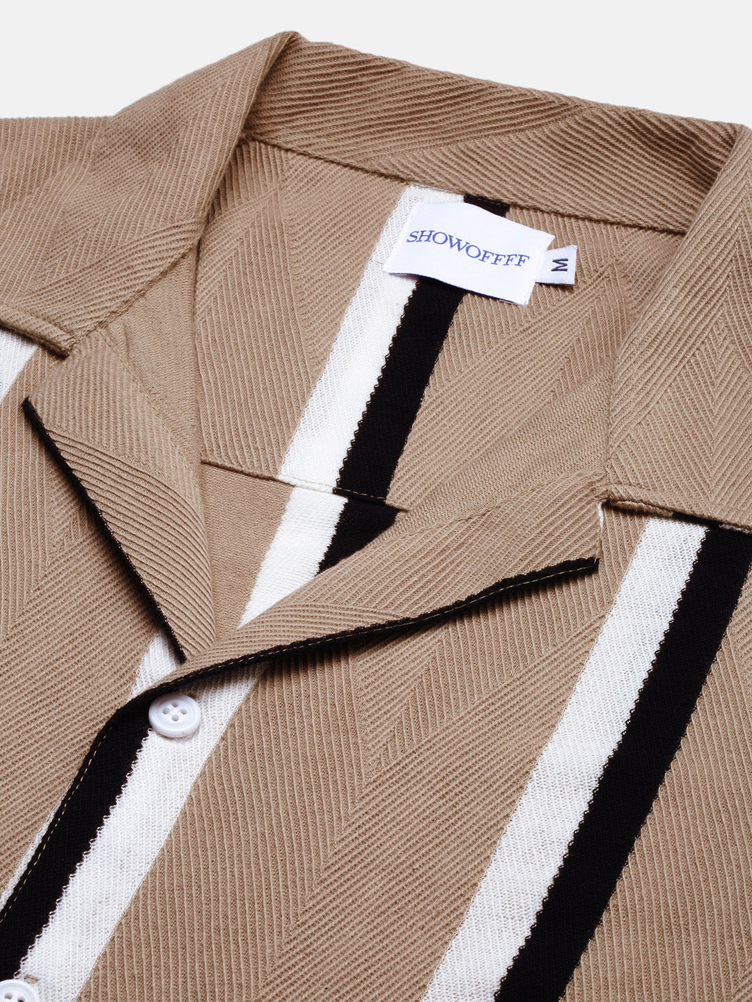 Men Beige Striped Cuban Collar Shirt