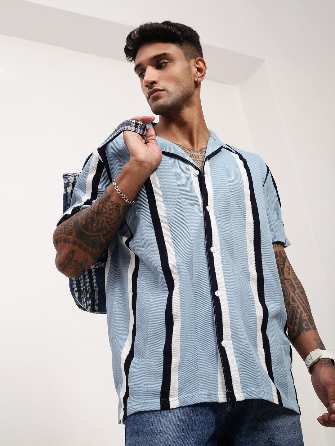 Men Blue Striped Cuban Collar Shirt