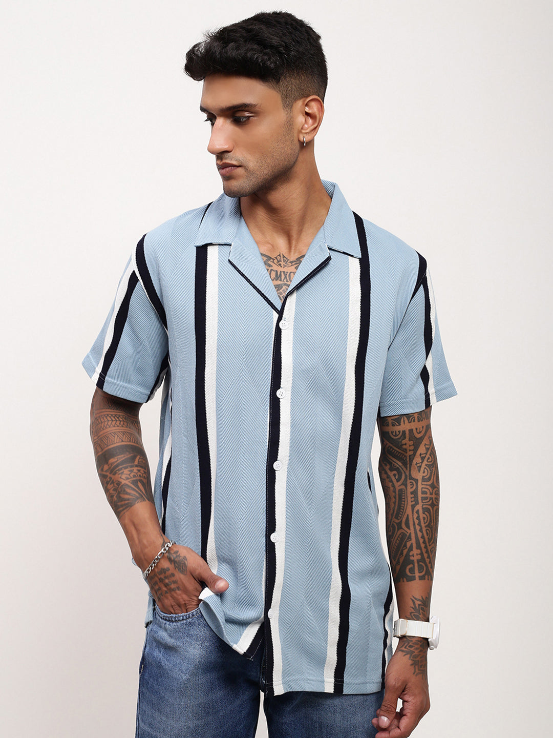 Men Blue Striped Cuban Collar Shirt