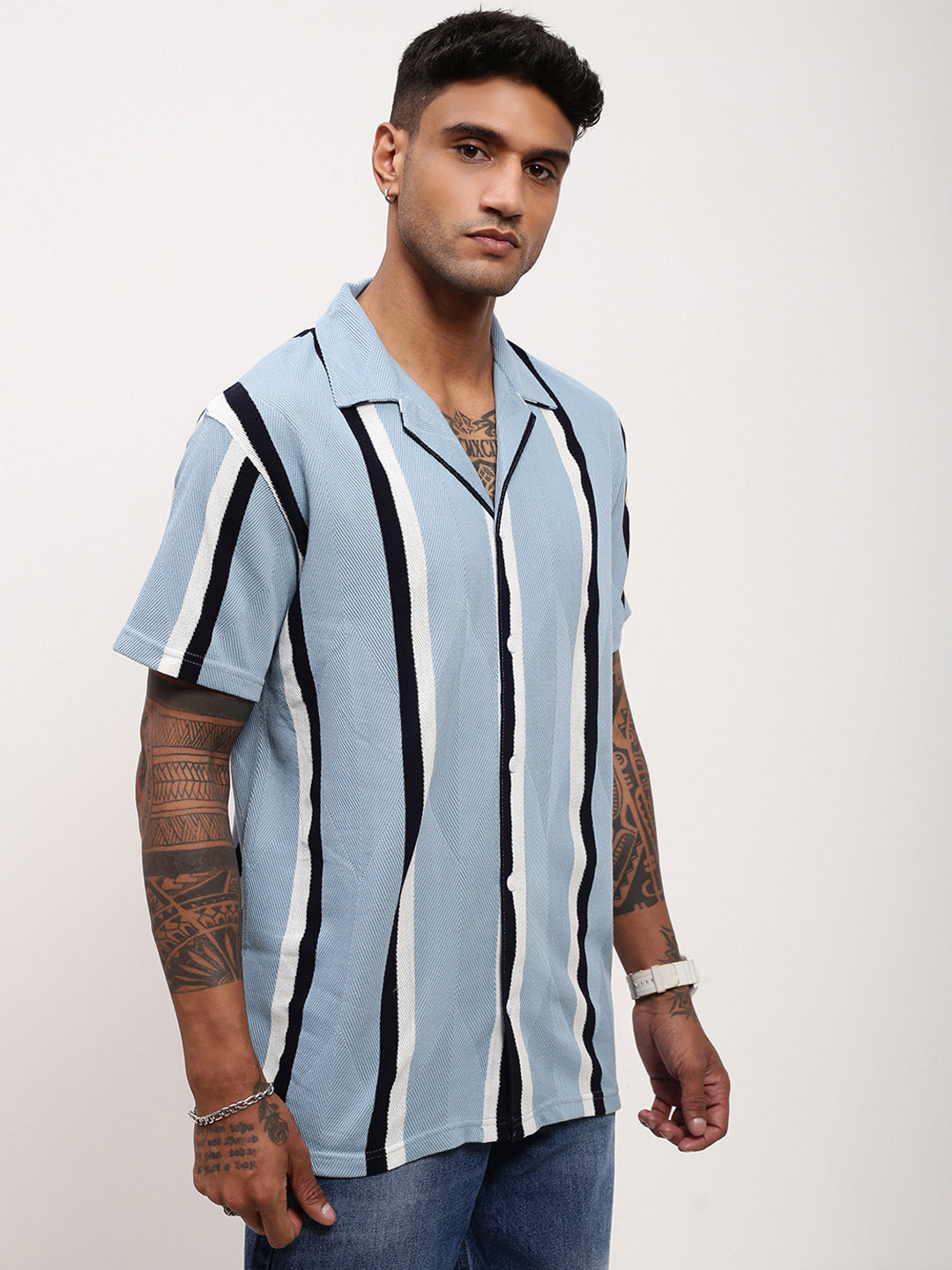 Men Blue Striped Cuban Collar Shirt