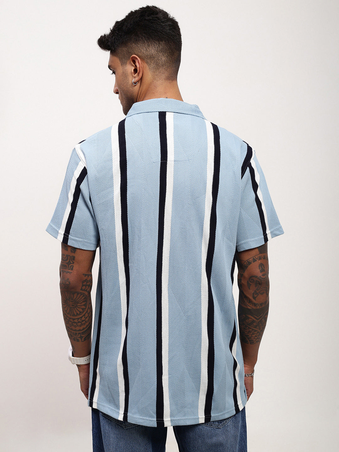 Men Blue Striped Cuban Collar Shirt