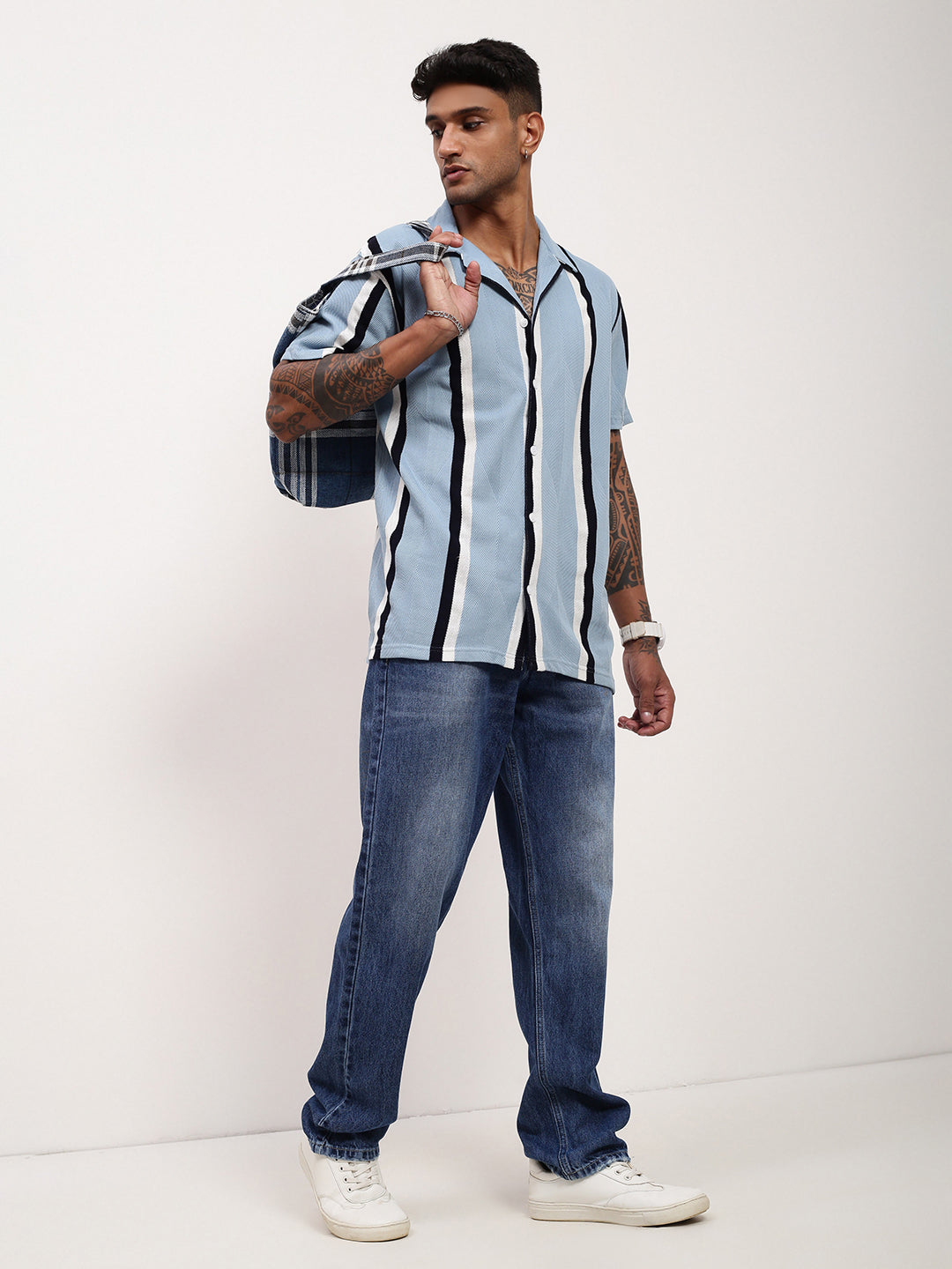 Men Blue Striped Cuban Collar Shirt