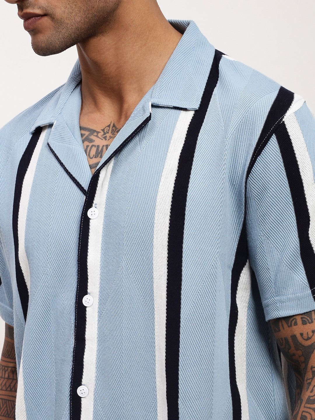 Men Blue Striped Cuban Collar Shirt