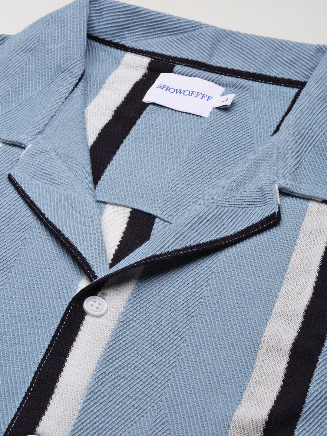 Men Blue Striped Cuban Collar Shirt