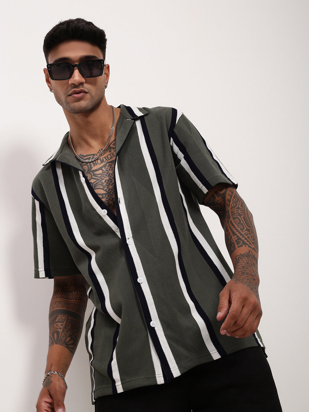 Men Green Striped Cuban Collar Shirt