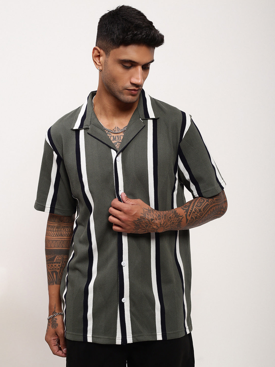 Men Green Striped Cuban Collar Shirt