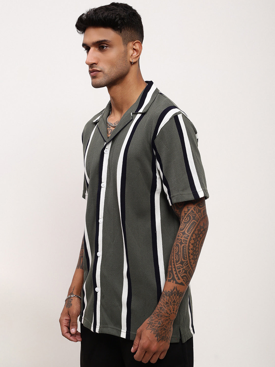 Men Green Striped Cuban Collar Shirt