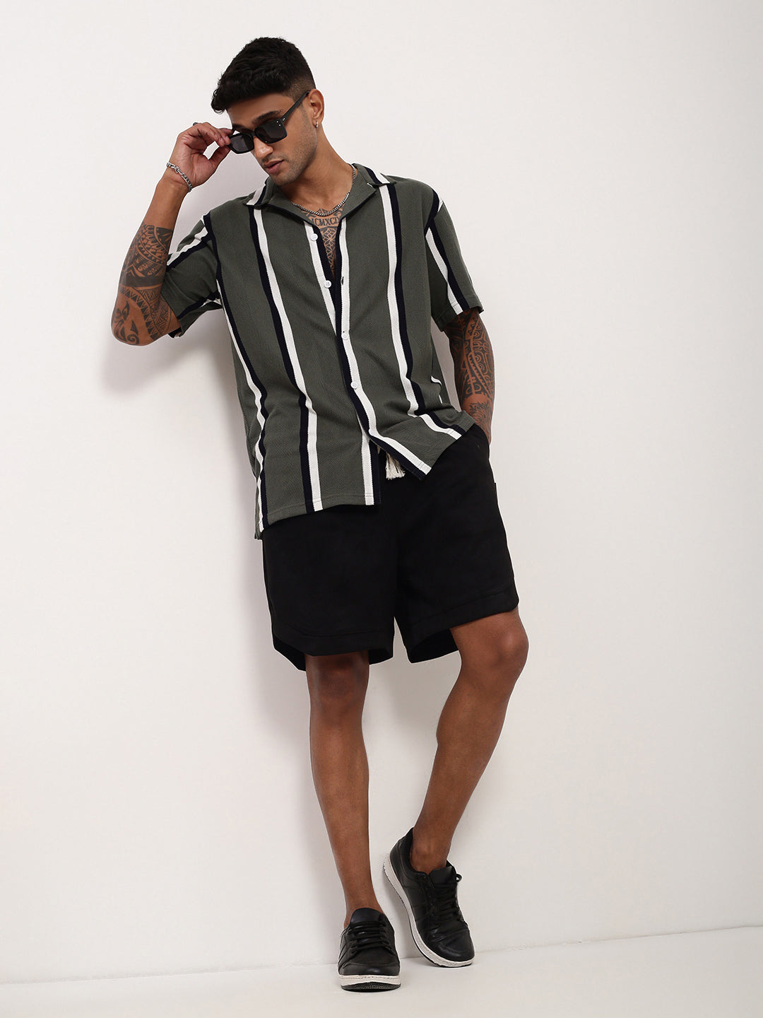 Men Green Striped Cuban Collar Shirt