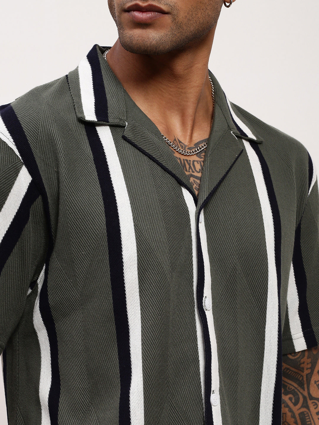 Men Green Striped Cuban Collar Shirt