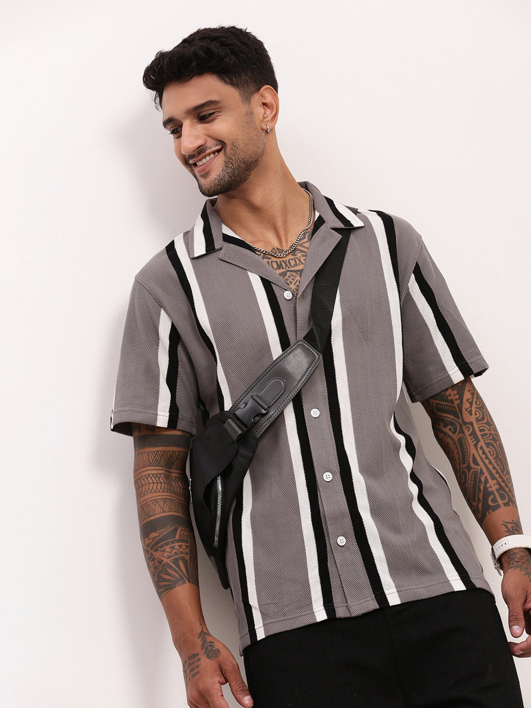 Men Grey Striped Cuban Collar Shirt