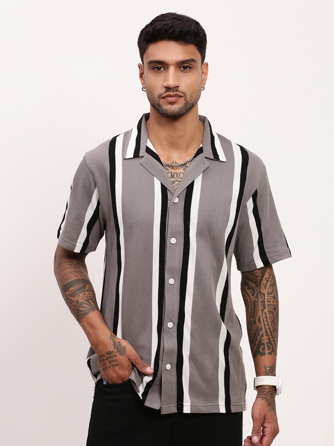 Men Grey Striped Cuban Collar Shirt