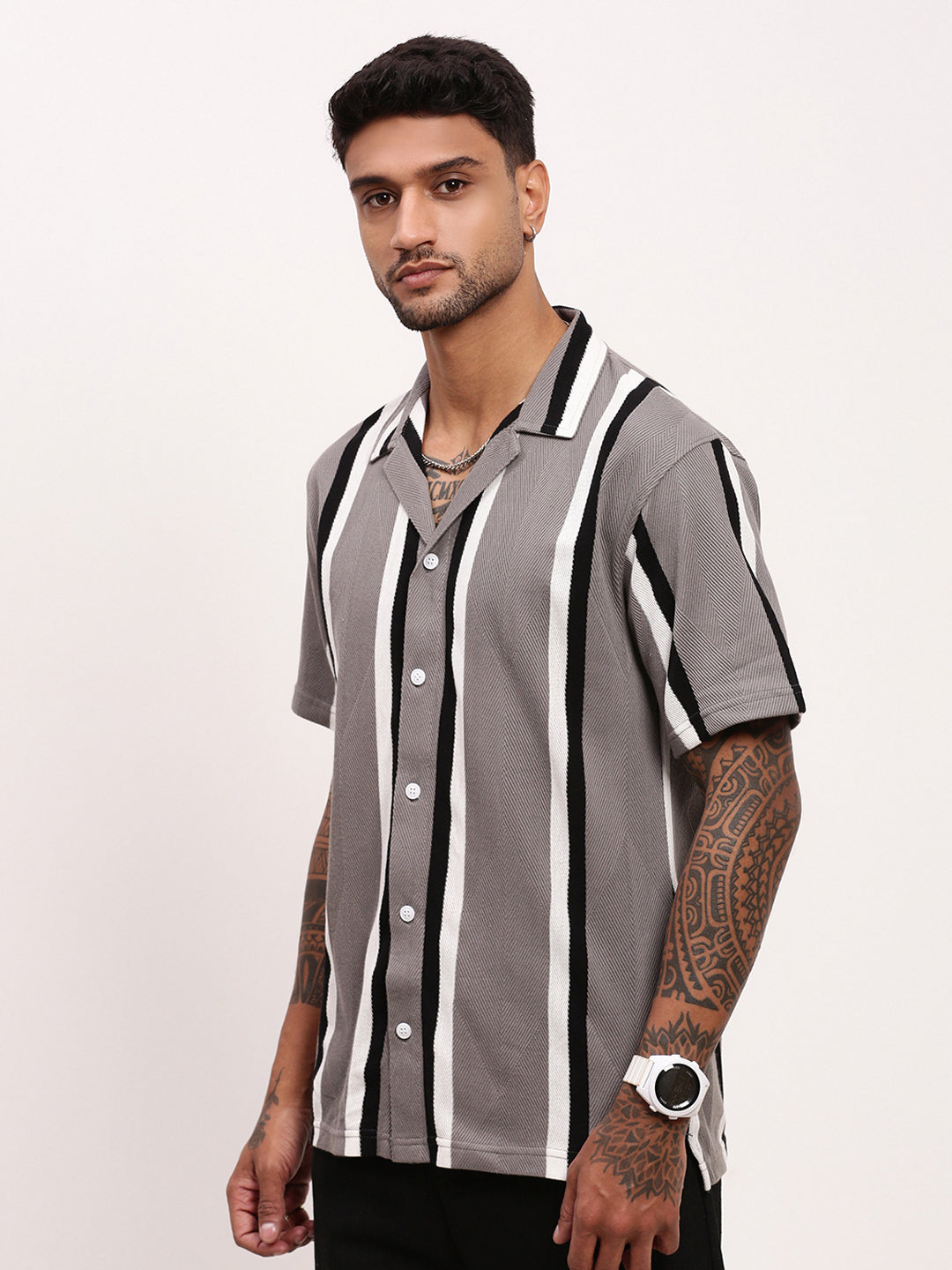 Men Grey Striped Cuban Collar Shirt