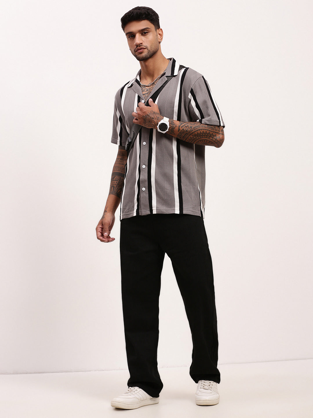 Men Grey Striped Cuban Collar Shirt