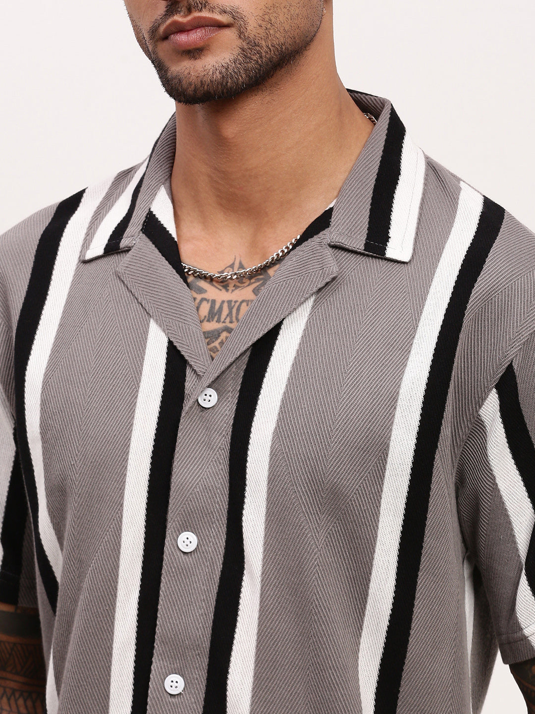 Men Grey Striped Cuban Collar Shirt