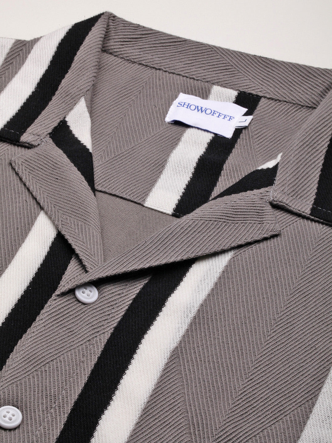 Men Grey Striped Cuban Collar Shirt