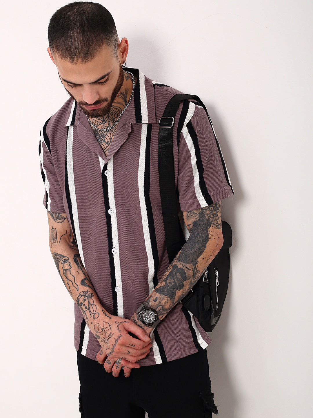 Men Purple Striped Cuban Collar Shirt