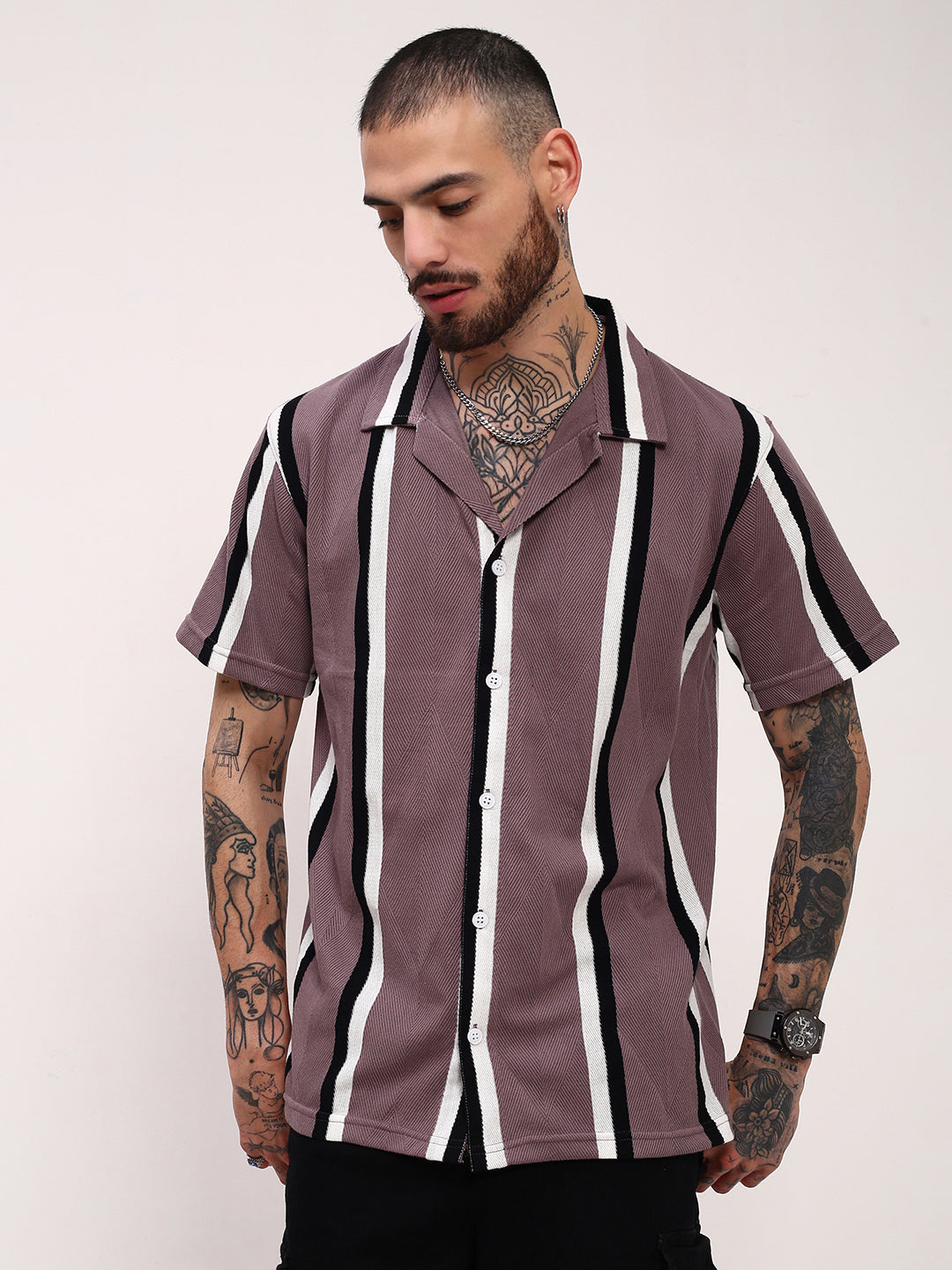 Men Purple Striped Cuban Collar Shirt