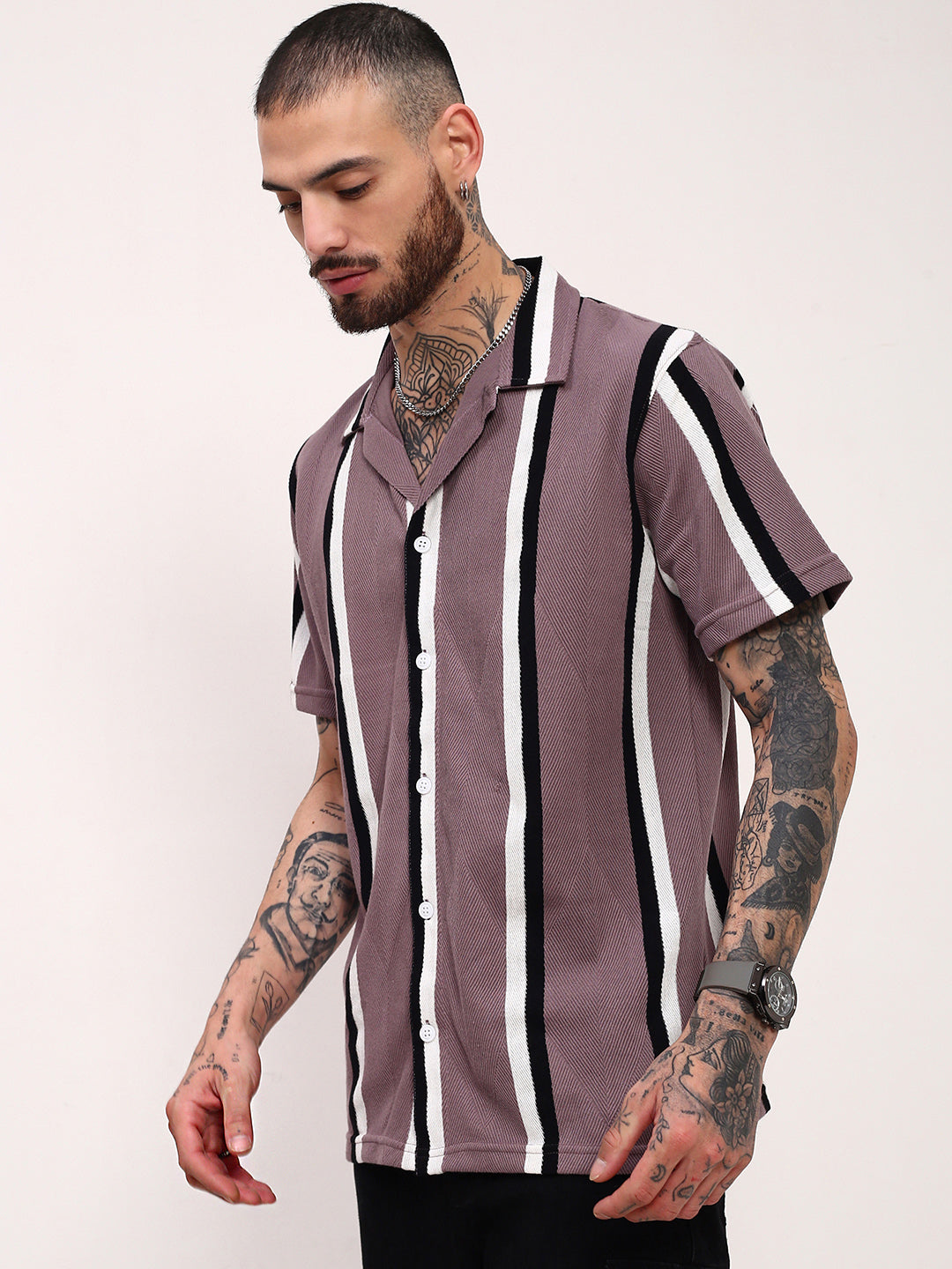 Men Purple Striped Cuban Collar Shirt