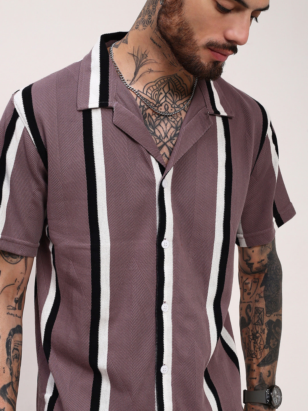 Men Purple Striped Cuban Collar Shirt