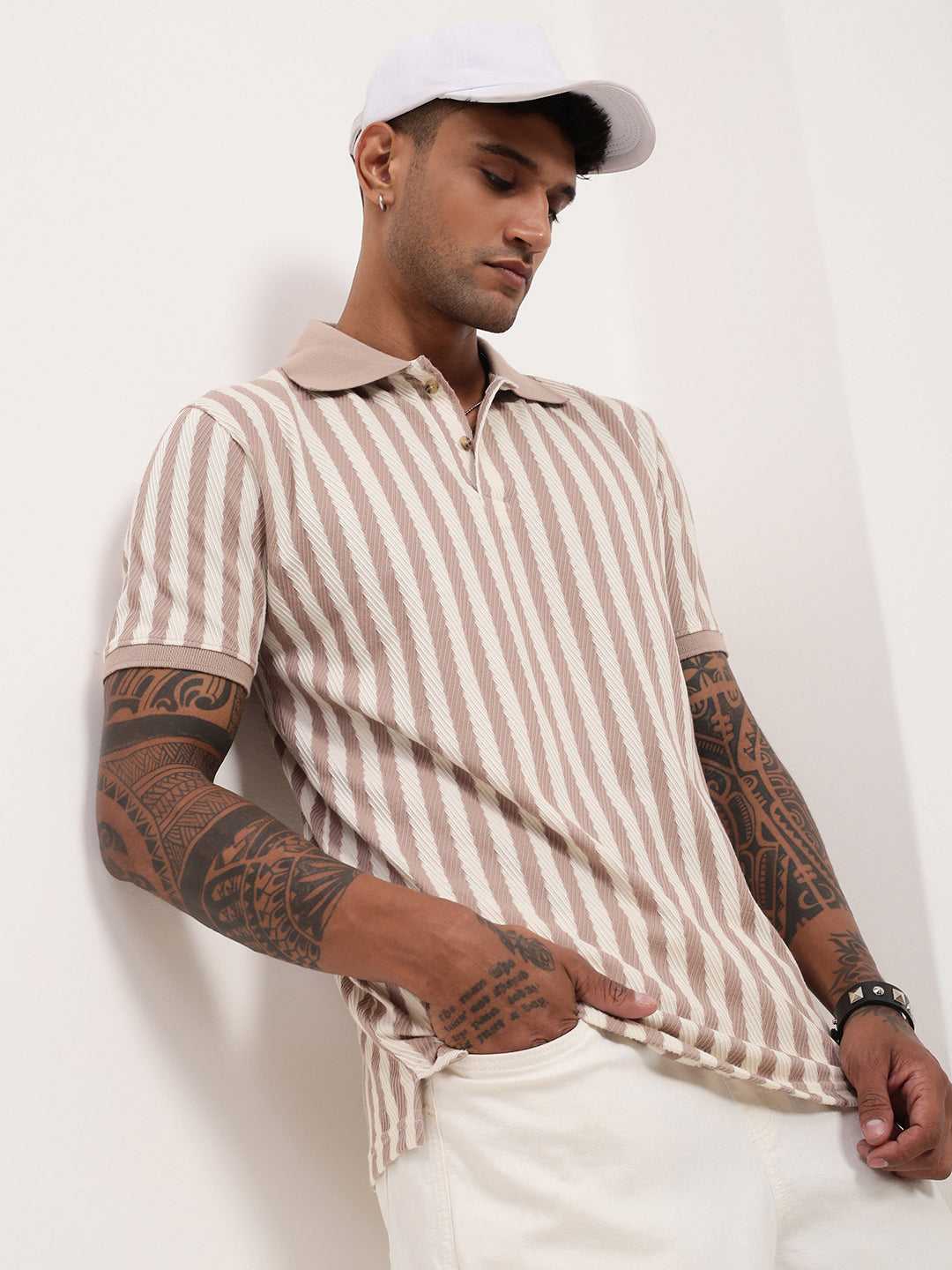 Men Beige Striped T Shirt