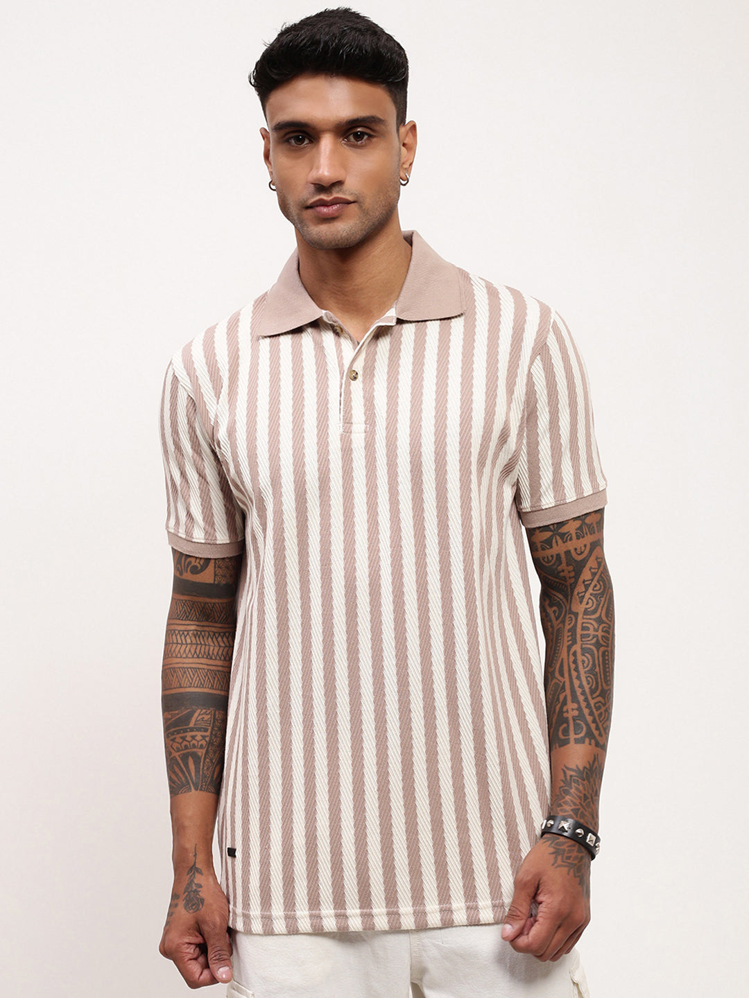 Men Beige Striped T Shirt